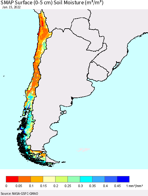 Chile SMAP Surface (0-5 cm) Soil Moisture (m³/m³) Thematic Map For 1/11/2022 - 1/15/2022