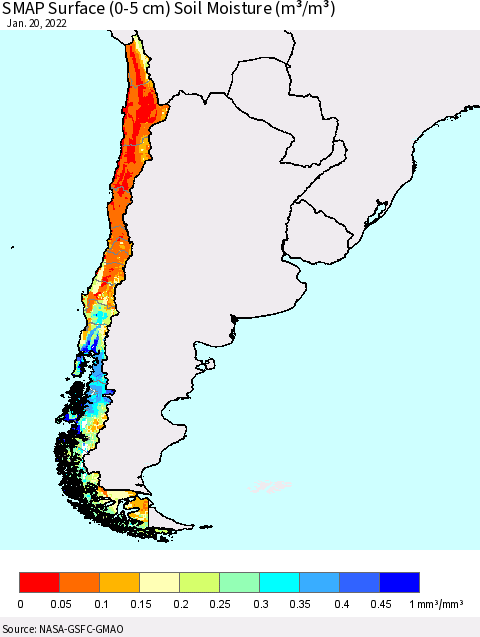 Chile SMAP Surface (0-5 cm) Soil Moisture (m³/m³) Thematic Map For 1/16/2022 - 1/20/2022