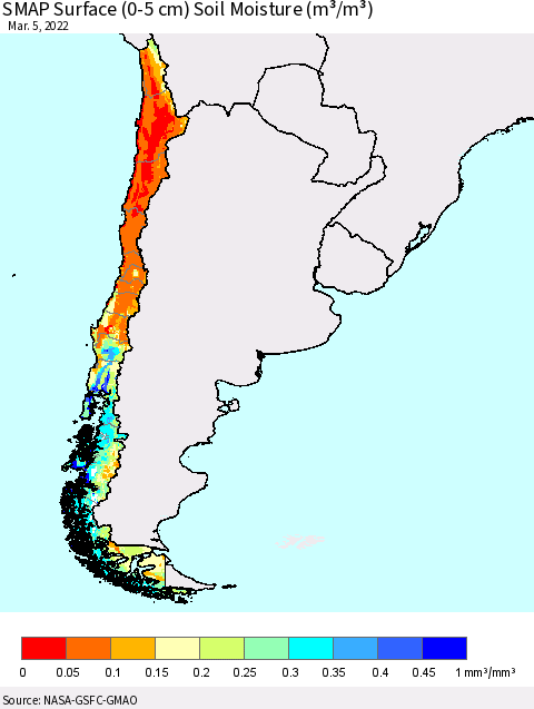 Chile SMAP Surface (0-5 cm) Soil Moisture (m³/m³) Thematic Map For 3/1/2022 - 3/5/2022