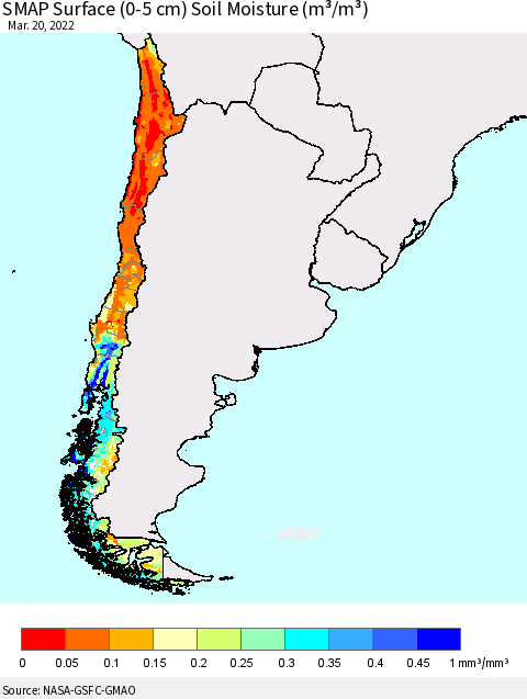 Chile SMAP Surface (0-5 cm) Soil Moisture (m³/m³) Thematic Map For 3/16/2022 - 3/20/2022