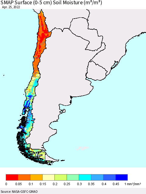 Chile SMAP Surface (0-5 cm) Soil Moisture (m³/m³) Thematic Map For 4/21/2022 - 4/25/2022