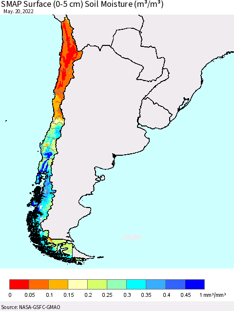 Chile SMAP Surface (0-5 cm) Soil Moisture (m³/m³) Thematic Map For 5/16/2022 - 5/20/2022