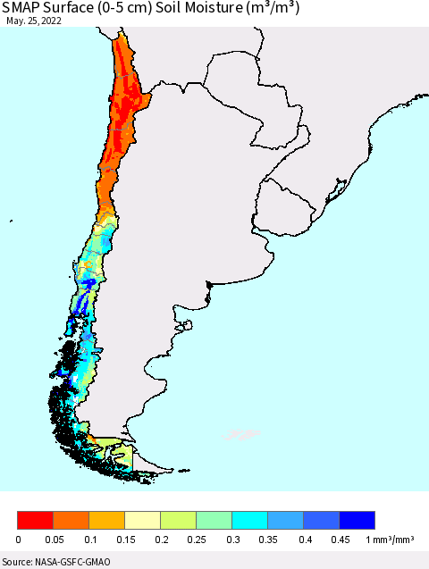 Chile SMAP Surface (0-5 cm) Soil Moisture (m³/m³) Thematic Map For 5/21/2022 - 5/25/2022