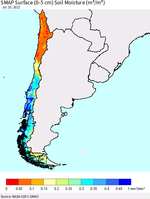 Chile SMAP Surface (0-5 cm) Soil Moisture (m³/m³) Thematic Map For 7/6/2022 - 7/10/2022