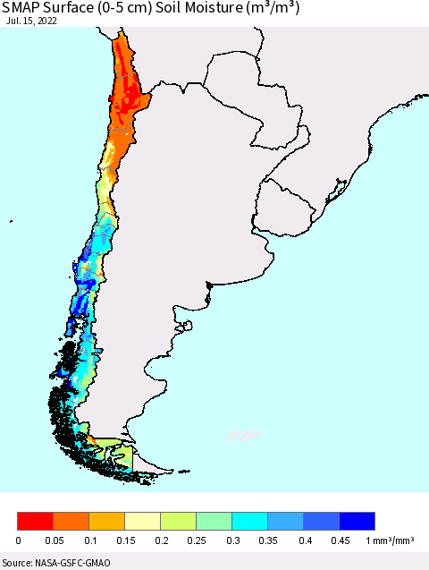 Chile SMAP Surface (0-5 cm) Soil Moisture (m³/m³) Thematic Map For 7/11/2022 - 7/15/2022