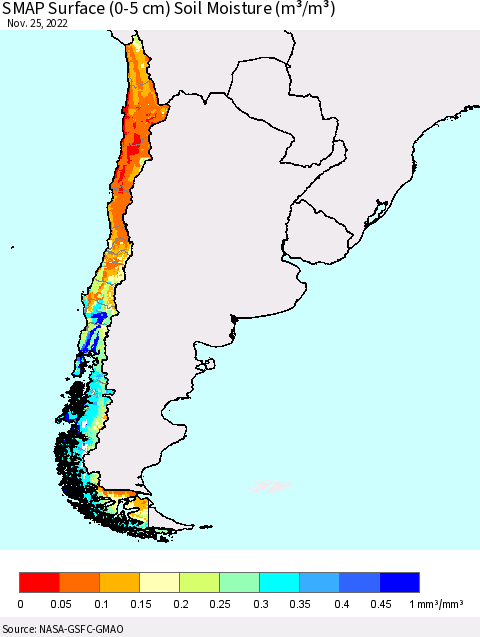 Chile SMAP Surface (0-5 cm) Soil Moisture (m³/m³) Thematic Map For 11/21/2022 - 11/25/2022