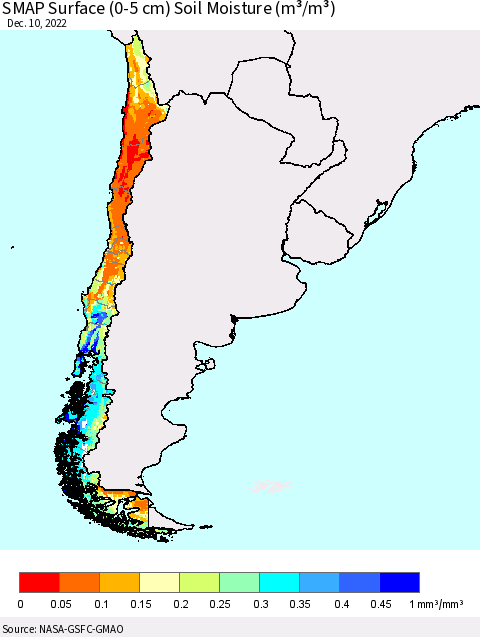 Chile SMAP Surface (0-5 cm) Soil Moisture (m³/m³) Thematic Map For 12/6/2022 - 12/10/2022