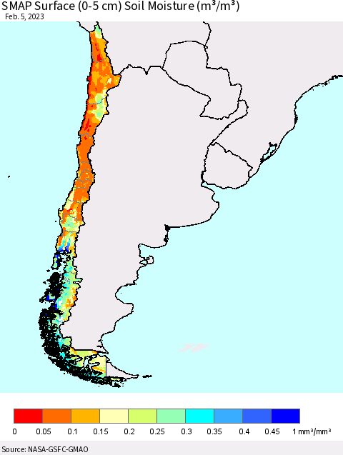 Chile SMAP Surface (0-5 cm) Soil Moisture (m³/m³) Thematic Map For 2/1/2023 - 2/5/2023