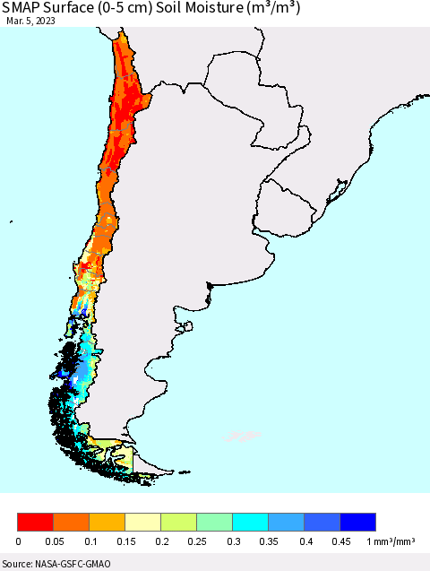 Chile SMAP Surface (0-5 cm) Soil Moisture (m³/m³) Thematic Map For 3/1/2023 - 3/5/2023