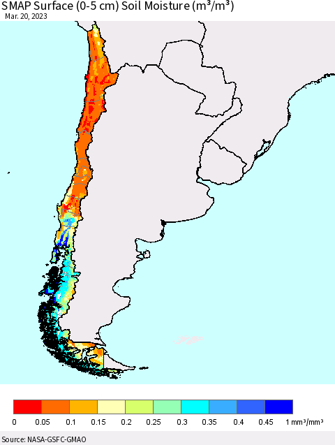 Chile SMAP Surface (0-5 cm) Soil Moisture (m³/m³) Thematic Map For 3/16/2023 - 3/20/2023
