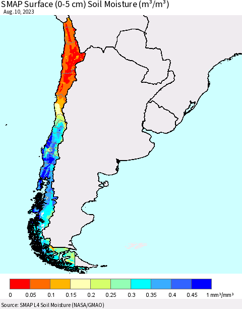 Chile SMAP Surface (0-5 cm) Soil Moisture (m³/m³) Thematic Map For 8/6/2023 - 8/10/2023