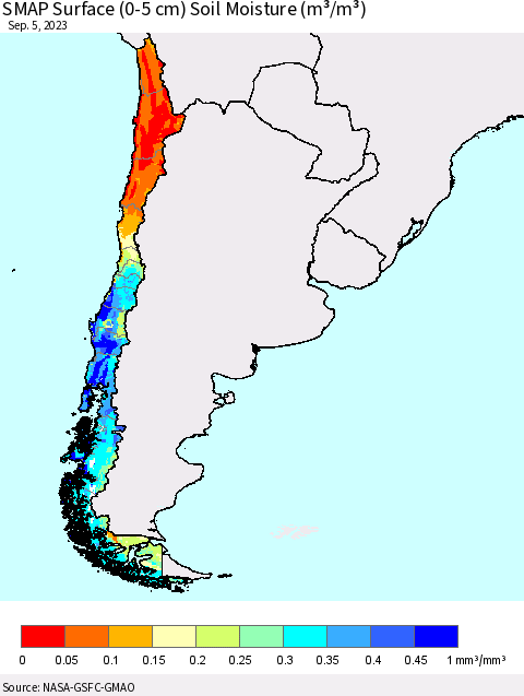 Chile SMAP Surface (0-5 cm) Soil Moisture (m³/m³) Thematic Map For 9/1/2023 - 9/5/2023