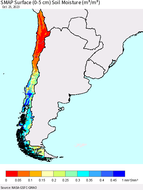 Chile SMAP Surface (0-5 cm) Soil Moisture (m³/m³) Thematic Map For 10/21/2023 - 10/25/2023