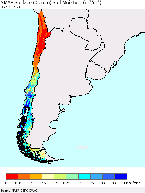 Chile SMAP Surface (0-5 cm) Soil Moisture (m³/m³) Thematic Map For 10/26/2023 - 10/31/2023