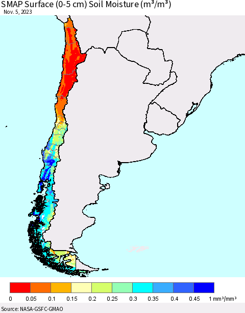 Chile SMAP Surface (0-5 cm) Soil Moisture (m³/m³) Thematic Map For 11/1/2023 - 11/5/2023