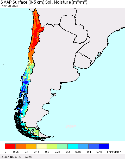 Chile SMAP Surface (0-5 cm) Soil Moisture (m³/m³) Thematic Map For 11/16/2023 - 11/20/2023