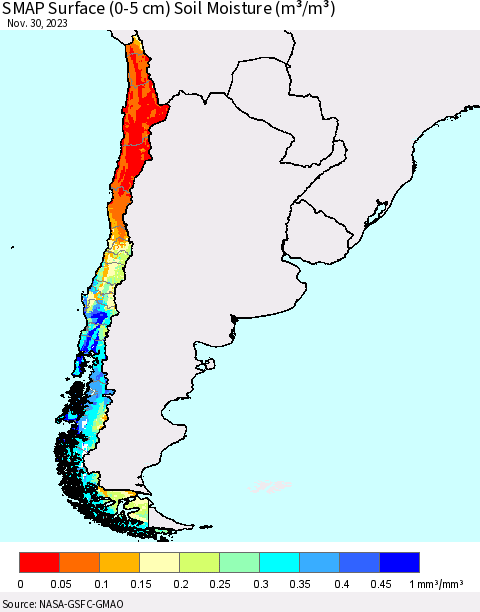 Chile SMAP Surface (0-5 cm) Soil Moisture (m³/m³) Thematic Map For 11/26/2023 - 11/30/2023