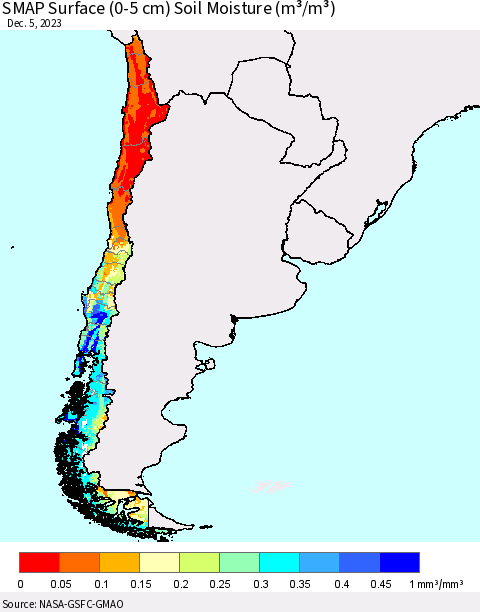 Chile SMAP Surface (0-5 cm) Soil Moisture (m³/m³) Thematic Map For 12/1/2023 - 12/5/2023