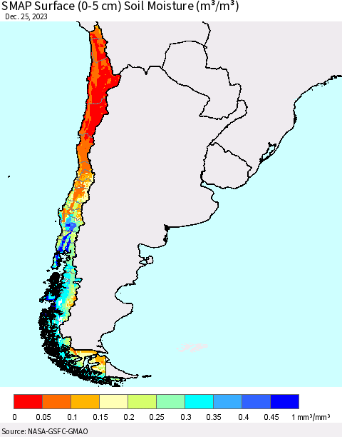 Chile SMAP Surface (0-5 cm) Soil Moisture (m³/m³) Thematic Map For 12/21/2023 - 12/25/2023