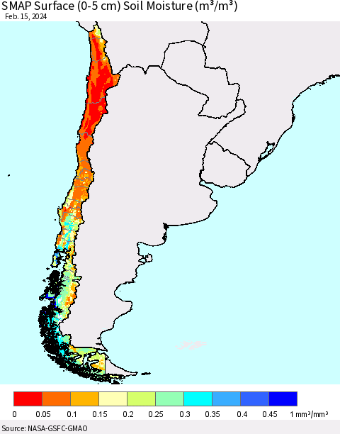 Chile SMAP Surface (0-5 cm) Soil Moisture (m³/m³) Thematic Map For 2/11/2024 - 2/15/2024