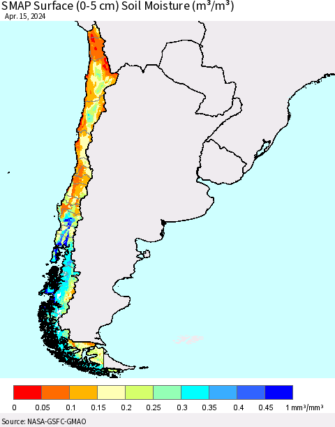 Chile SMAP Surface (0-5 cm) Soil Moisture (m³/m³) Thematic Map For 4/11/2024 - 4/15/2024