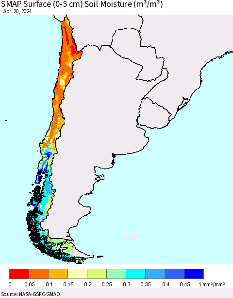 Chile SMAP Surface (0-5 cm) Soil Moisture (m³/m³) Thematic Map For 4/16/2024 - 4/20/2024
