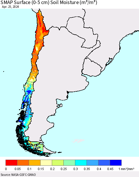 Chile SMAP Surface (0-5 cm) Soil Moisture (m³/m³) Thematic Map For 4/21/2024 - 4/25/2024