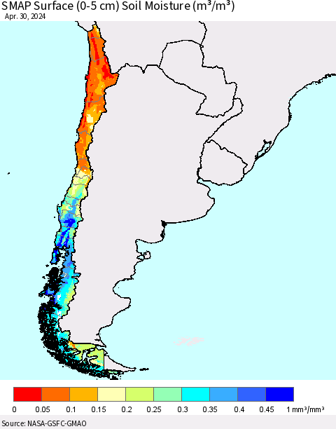 Chile SMAP Surface (0-5 cm) Soil Moisture (m³/m³) Thematic Map For 4/26/2024 - 4/30/2024
