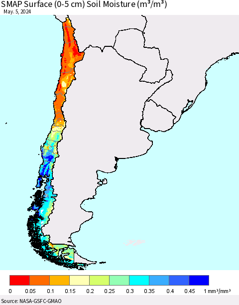 Chile SMAP Surface (0-5 cm) Soil Moisture (m³/m³) Thematic Map For 5/1/2024 - 5/5/2024