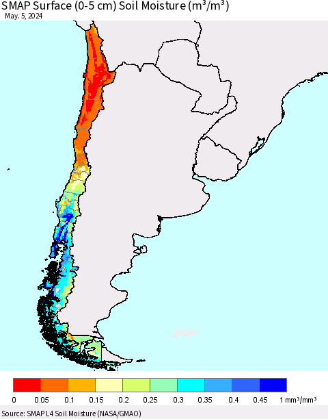 Chile SMAP Surface (0-5 cm) Soil Moisture (m³/m³) Thematic Map For 5/1/2024 - 5/5/2024