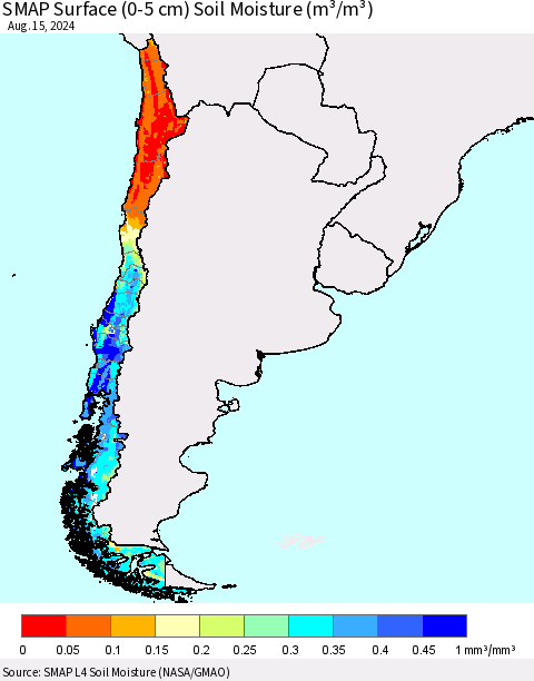 Chile SMAP Surface (0-5 cm) Soil Moisture (m³/m³) Thematic Map For 8/11/2024 - 8/15/2024