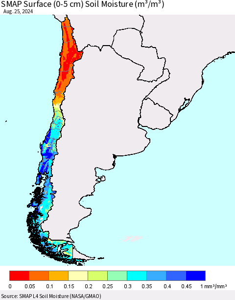 Chile SMAP Surface (0-5 cm) Soil Moisture (m³/m³) Thematic Map For 8/21/2024 - 8/25/2024