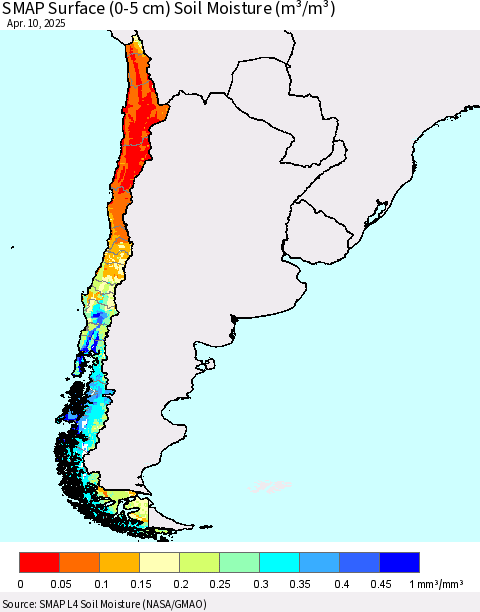 Chile SMAP Surface (0-5 cm) Soil Moisture (m³/m³) Thematic Map For 4/6/2025 - 4/10/2025