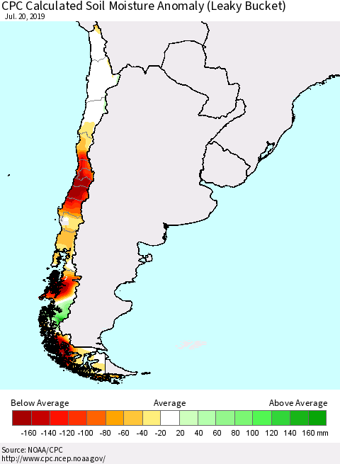 Chile CPC Soil Moisture Anomaly (Leaky Bucket) Thematic Map For 7/16/2019 - 7/20/2019