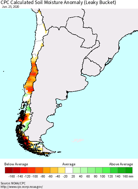 Chile CPC Calculated Soil Moisture Anomaly (Leaky Bucket) Thematic Map For 6/21/2020 - 6/25/2020