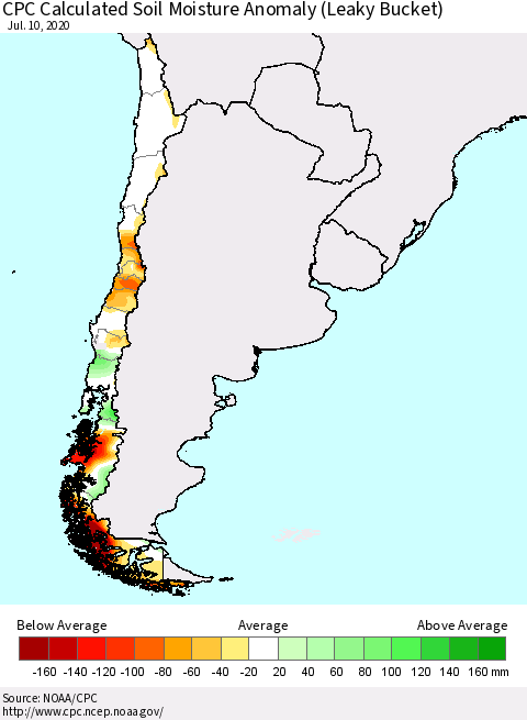 Chile CPC Calculated Soil Moisture Anomaly (Leaky Bucket) Thematic Map For 7/6/2020 - 7/10/2020