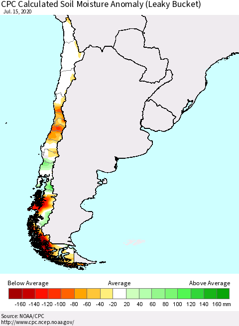 Chile CPC Calculated Soil Moisture Anomaly (Leaky Bucket) Thematic Map For 7/11/2020 - 7/15/2020