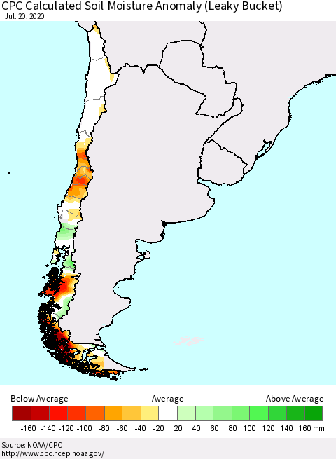 Chile CPC Soil Moisture Departure from Normal (Leaky Bucket) Thematic Map For 7/16/2020 - 7/20/2020