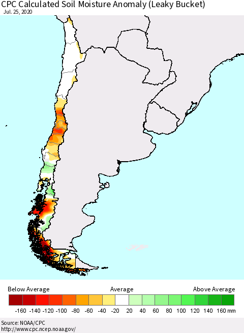 Chile CPC Soil Moisture Departure from Normal (Leaky Bucket) Thematic Map For 7/21/2020 - 7/25/2020