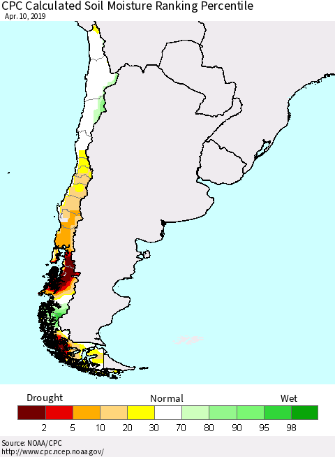 Chile CPC Soil Moisture Ranking Percentile Thematic Map For 4/6/2019 - 4/10/2019