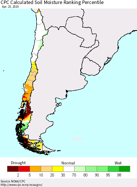 Chile CPC Soil Moisture Ranking Percentile Thematic Map For 4/21/2019 - 4/25/2019