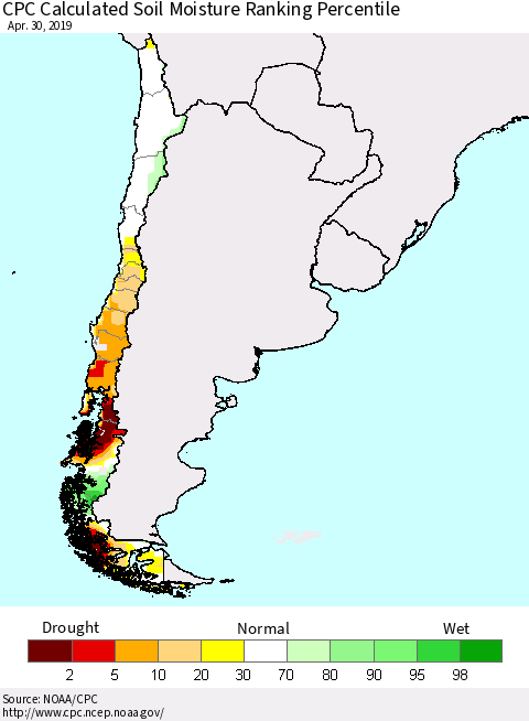 Chile CPC Soil Moisture Ranking Percentile Thematic Map For 4/26/2019 - 4/30/2019