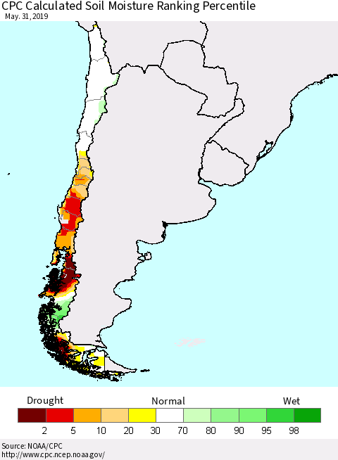 Chile CPC Soil Moisture Ranking Percentile Thematic Map For 5/26/2019 - 5/31/2019
