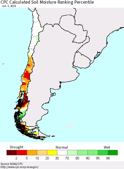 Chile CPC Soil Moisture Ranking Percentile Thematic Map For 6/1/2019 - 6/5/2019