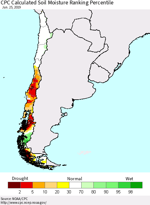 Chile CPC Soil Moisture Ranking Percentile Thematic Map For 6/21/2019 - 6/25/2019