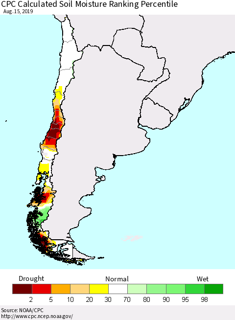 Chile CPC Calculated Soil Moisture Ranking Percentile Thematic Map For 8/11/2019 - 8/15/2019