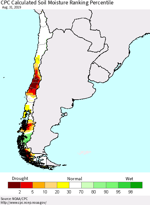 Chile CPC Soil Moisture Ranking Percentile Thematic Map For 8/26/2019 - 8/31/2019
