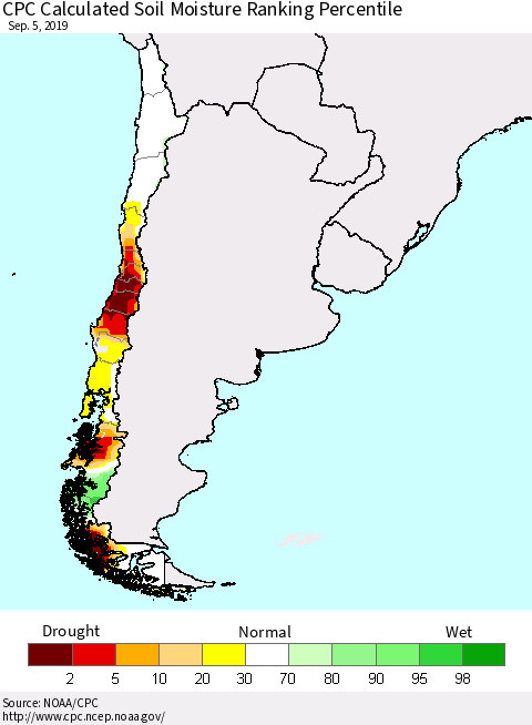 Chile CPC Soil Moisture Ranking Percentile Thematic Map For 9/1/2019 - 9/5/2019