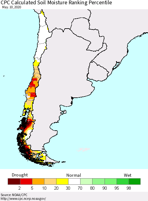 Chile CPC Calculated Soil Moisture Ranking Percentile Thematic Map For 5/6/2020 - 5/10/2020