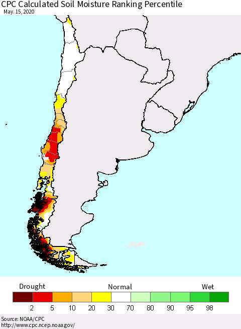 Chile CPC Calculated Soil Moisture Ranking Percentile Thematic Map For 5/11/2020 - 5/15/2020